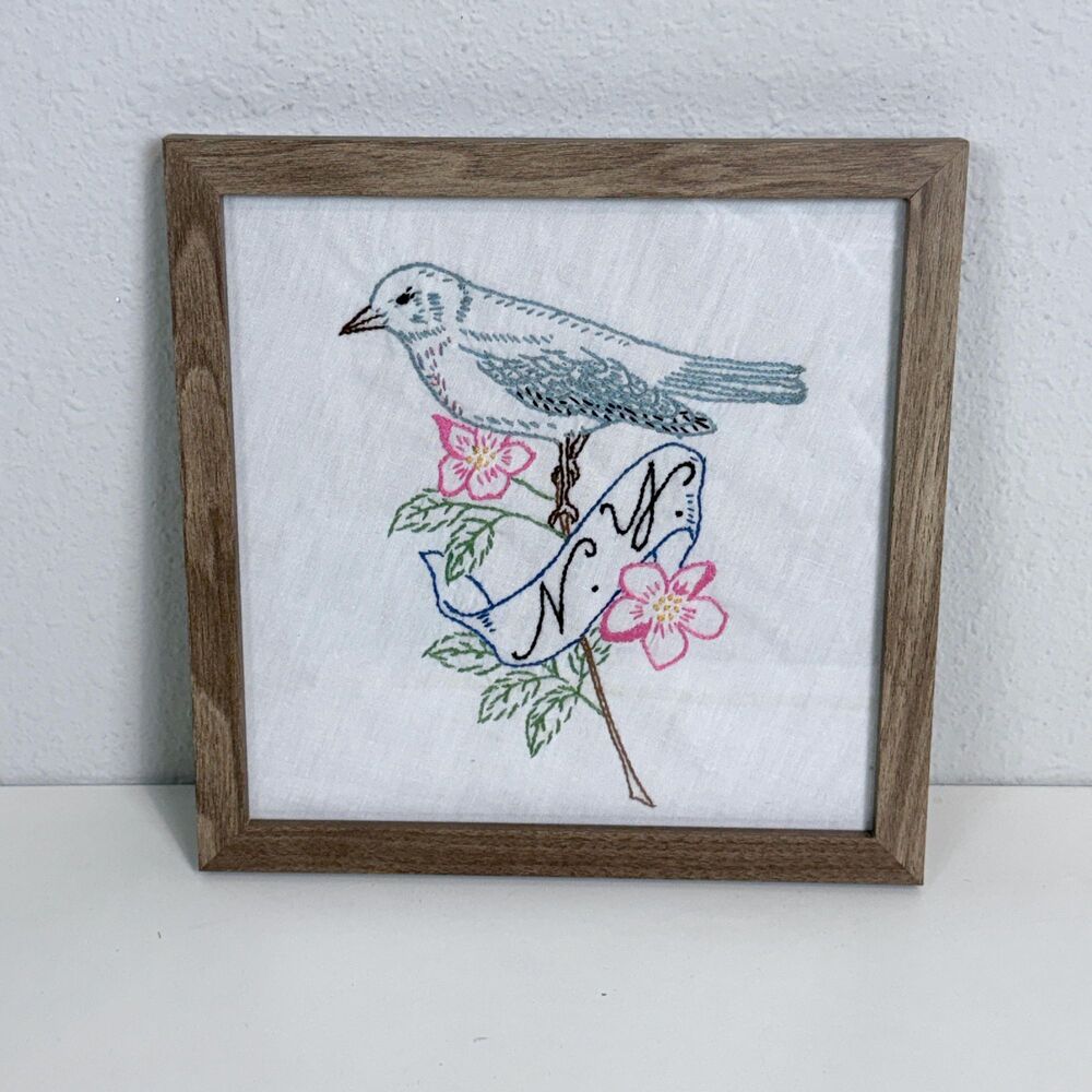 Handmade Vintage Embroidered New York State Bird & Flower Framed 9x9”